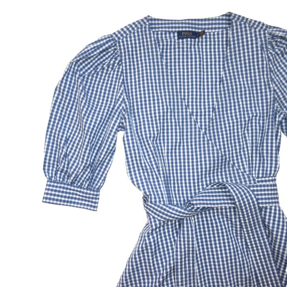 Polo Ralph Lauren Wrap Midi in Blue White Gingham Cotton Dress 6 $298 - Picture 3 of 8